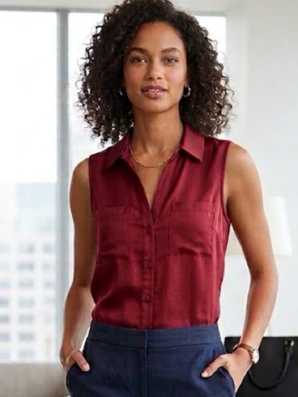 Ann Taylor Sleeveless V-neck Button-Front Blouse